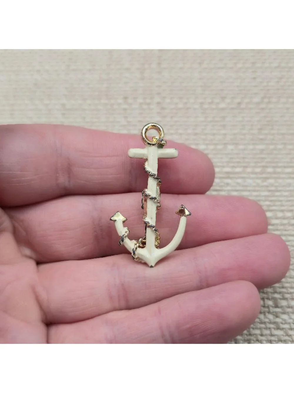 Vintage Cream Enamel Anchor - Gold Tone Nautical Rope Maritime Pin Brooch A8059